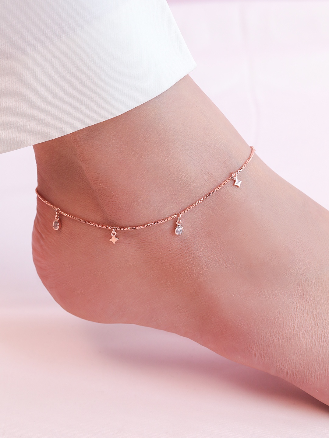

Zavya Women Gold-Toned Silver Rose Gold-Plated Crystals Anklet