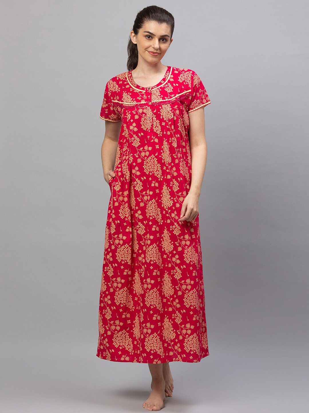 

AV2 Red Printed Maxi Maternity Pure Cotton Nightdress