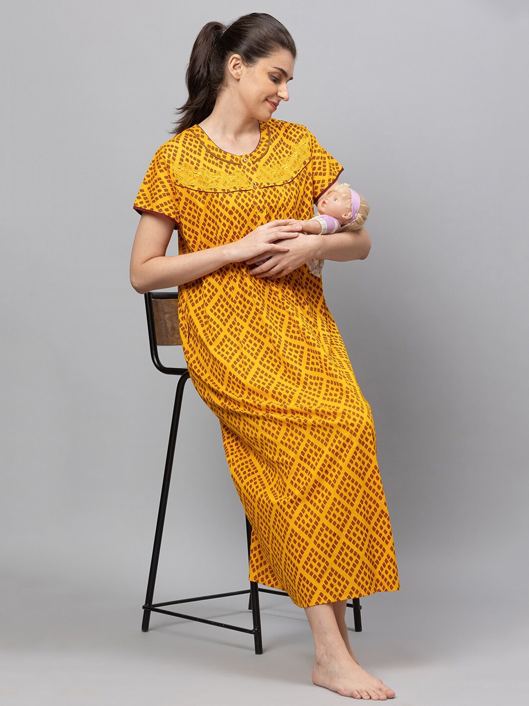 

AV2 Women Yellow Printed Cotton Maxi Maternity Nightdress