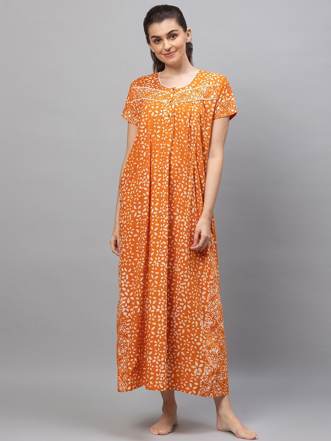 

AV2 Women Orange Printed Cotton Maxi Maternity Nightdress