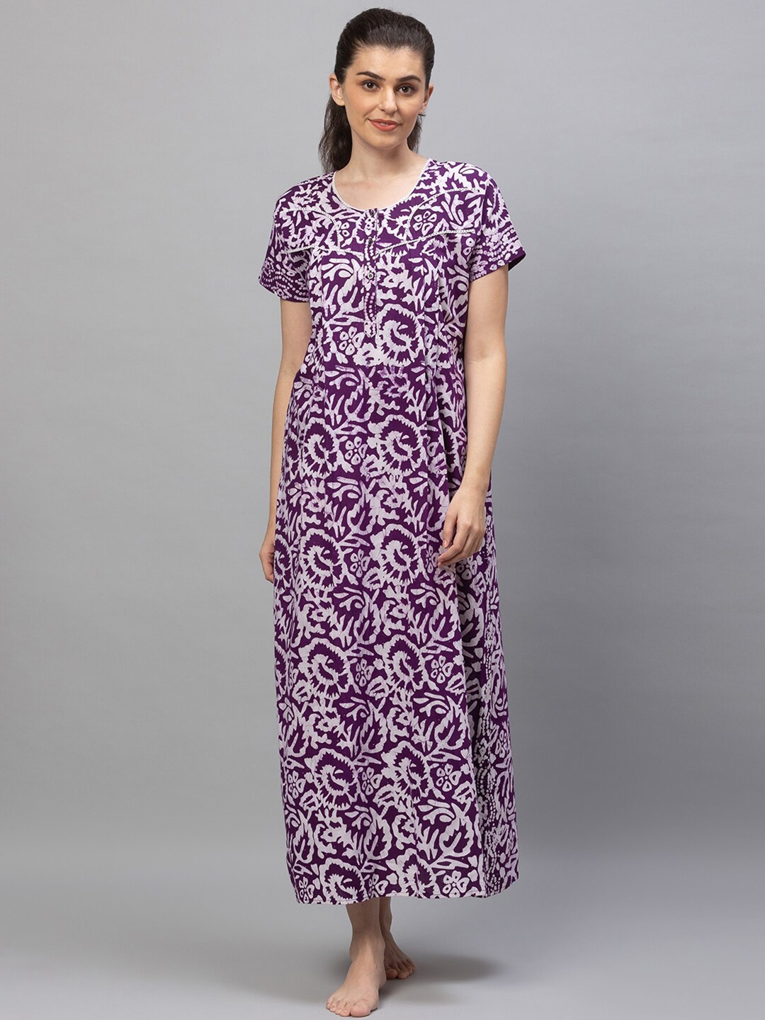

AV2 Women Purple Printed Cotton Maxi Nightdress