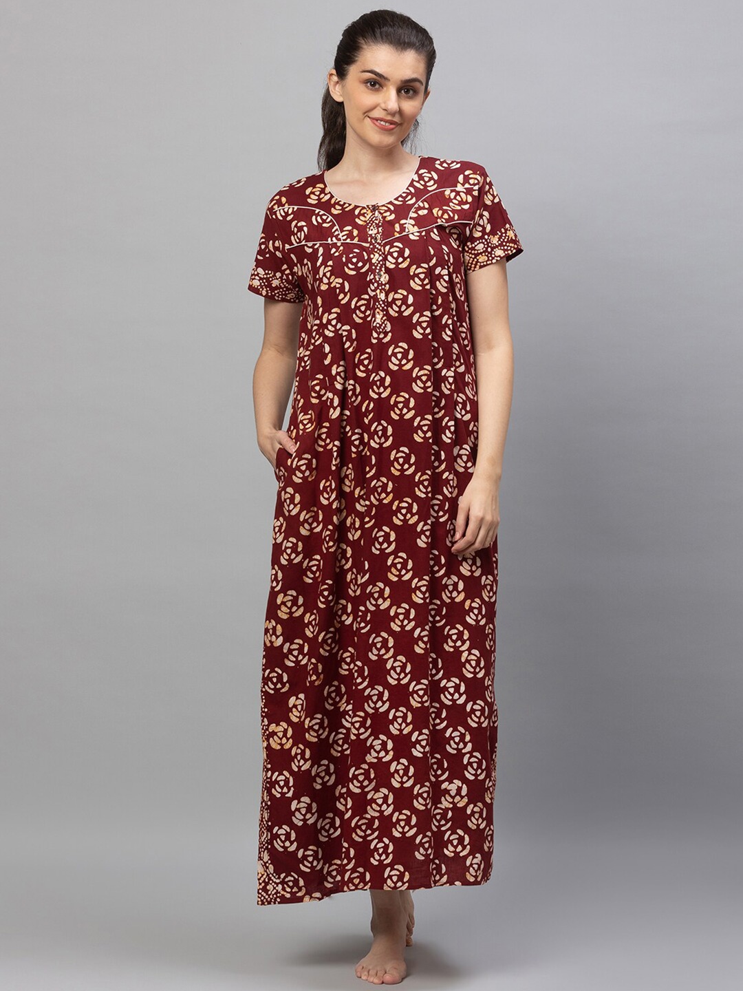 

AV2 Women Maroon Printed Cotton Maxi Maternity Nightdress