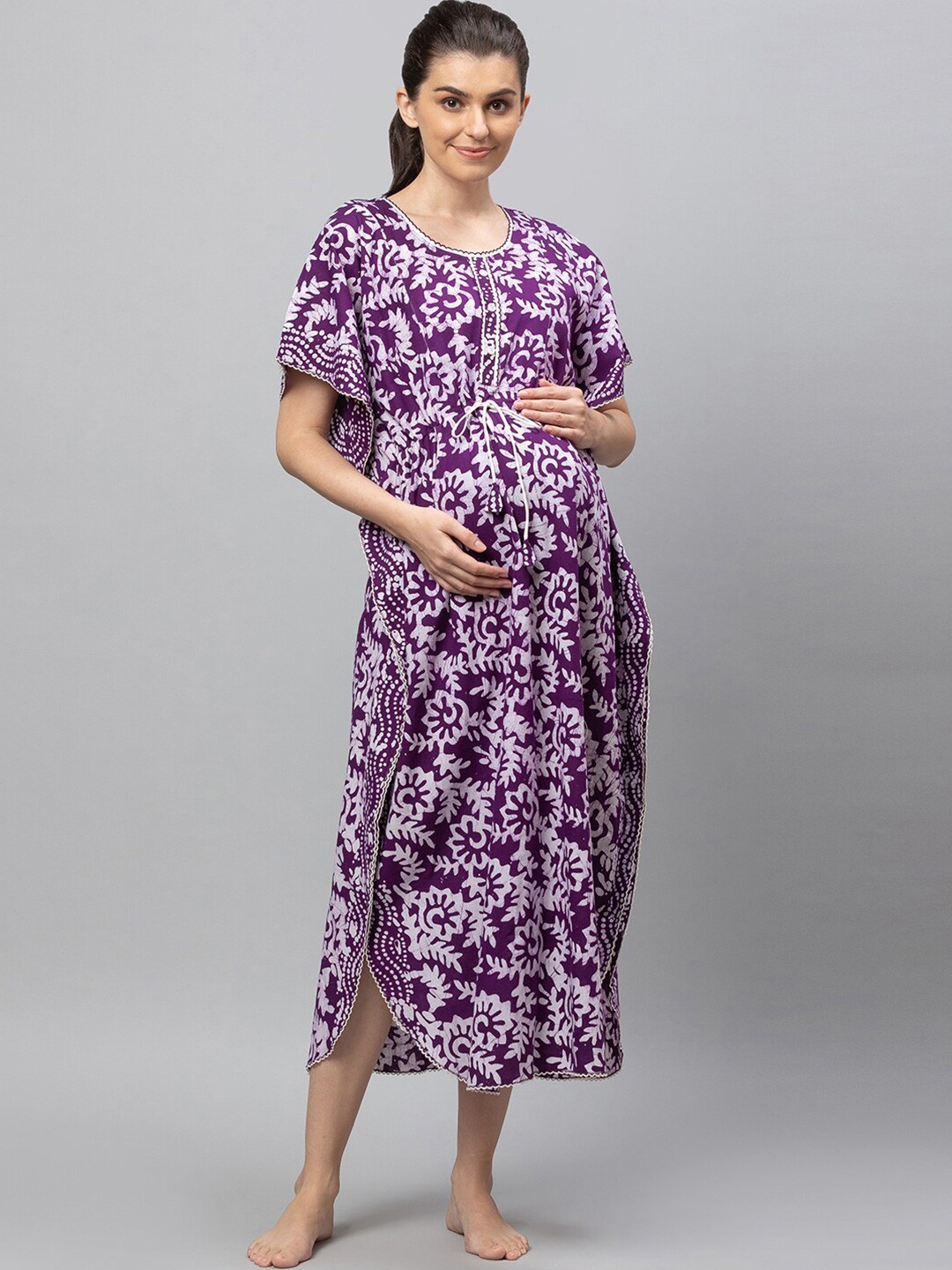 

AV2 Women Purple Printed Cotton Maxi Maternity Nightdress