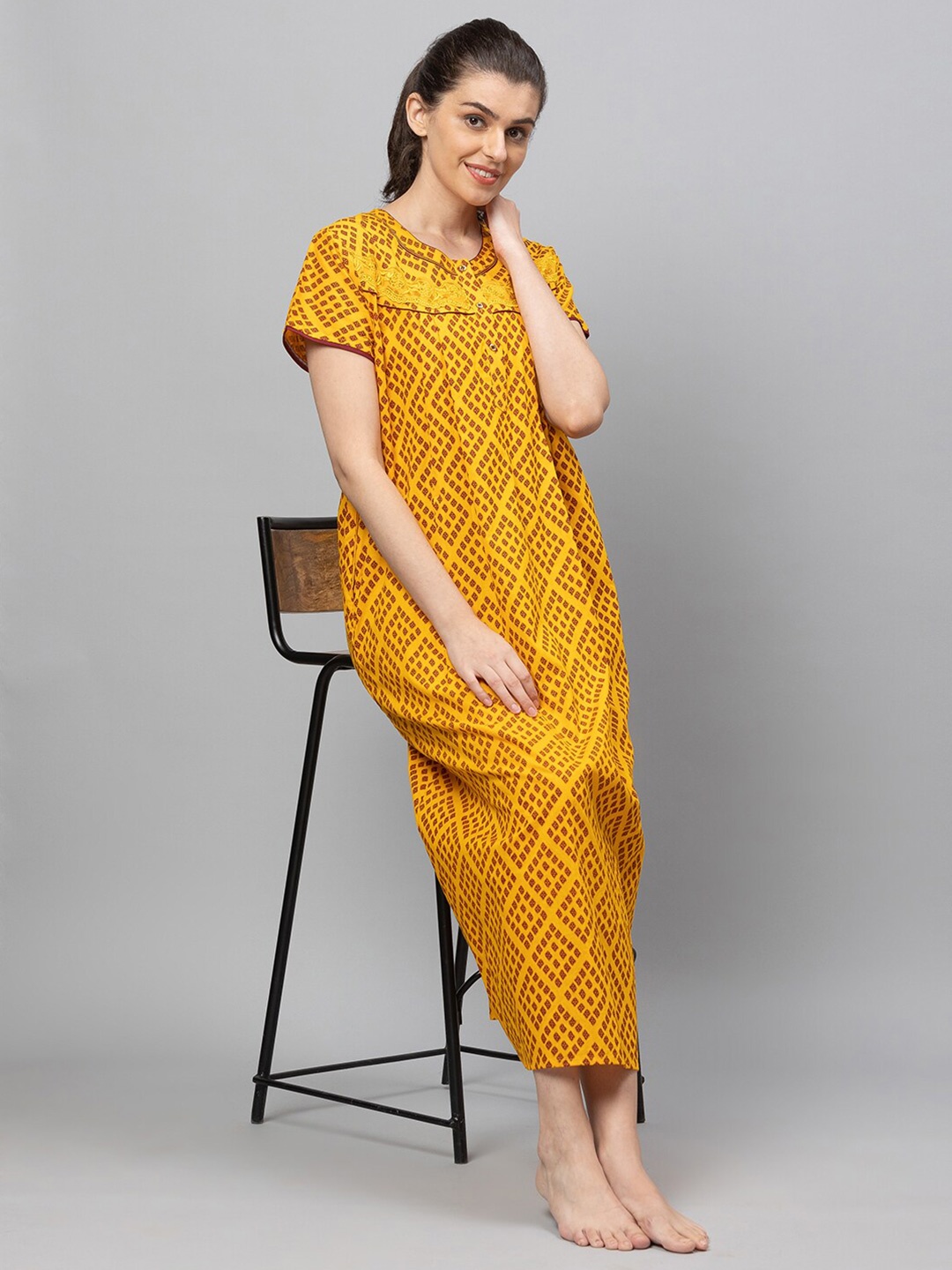 

AV2 Women Yellow Printed Cotton Maxi Nightdress