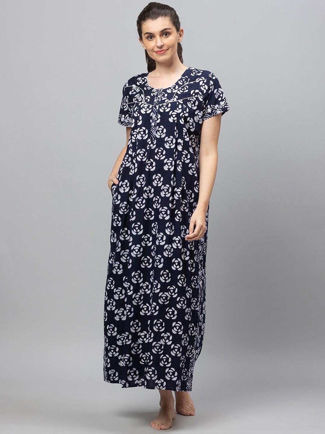 

AV2 Women Navy Blue Printed Cotton Maxi Maternity Nightdress