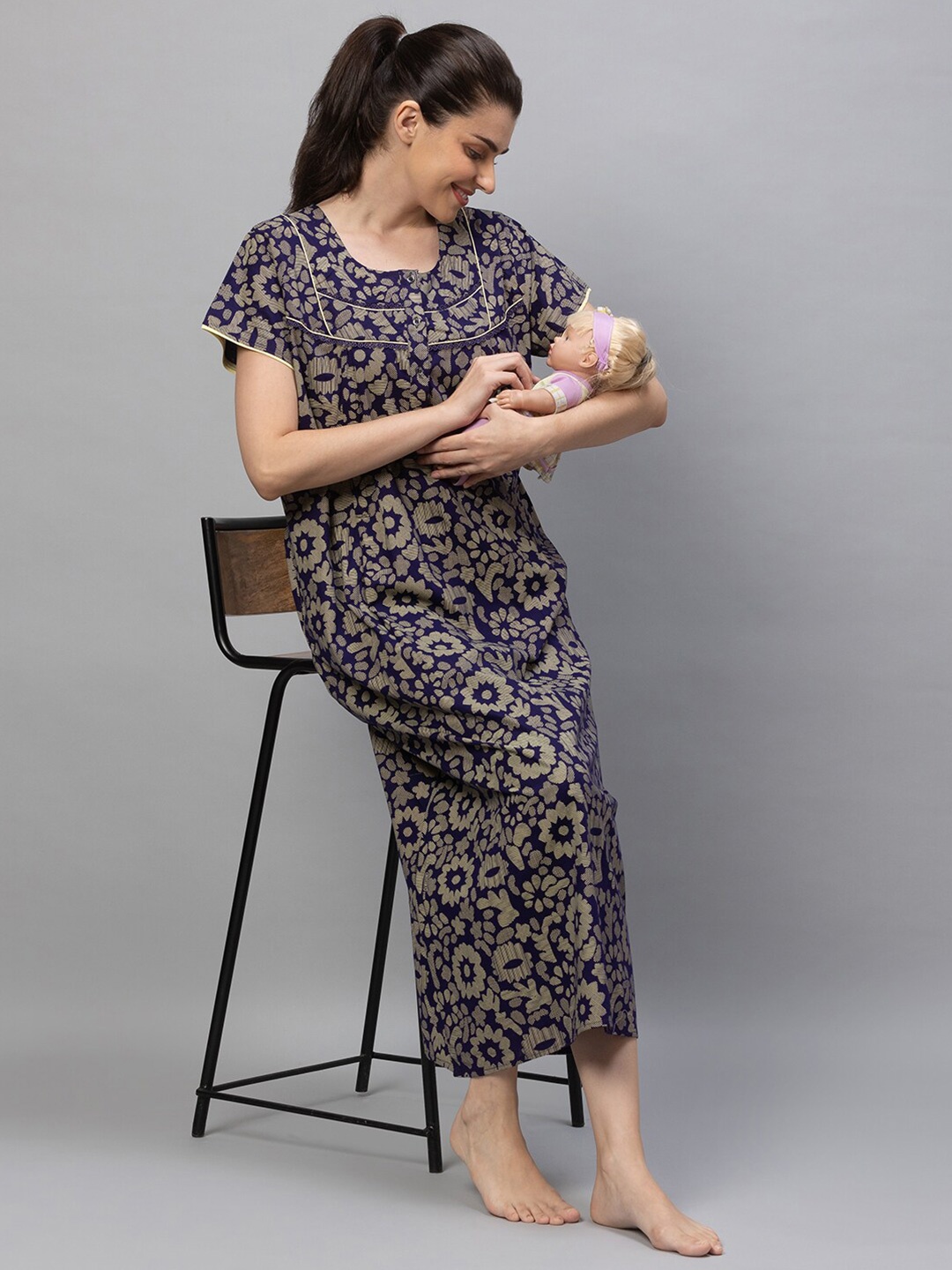 

AV2 Women Navy Blue Printed Cotton Maxi Maternity Nightdress