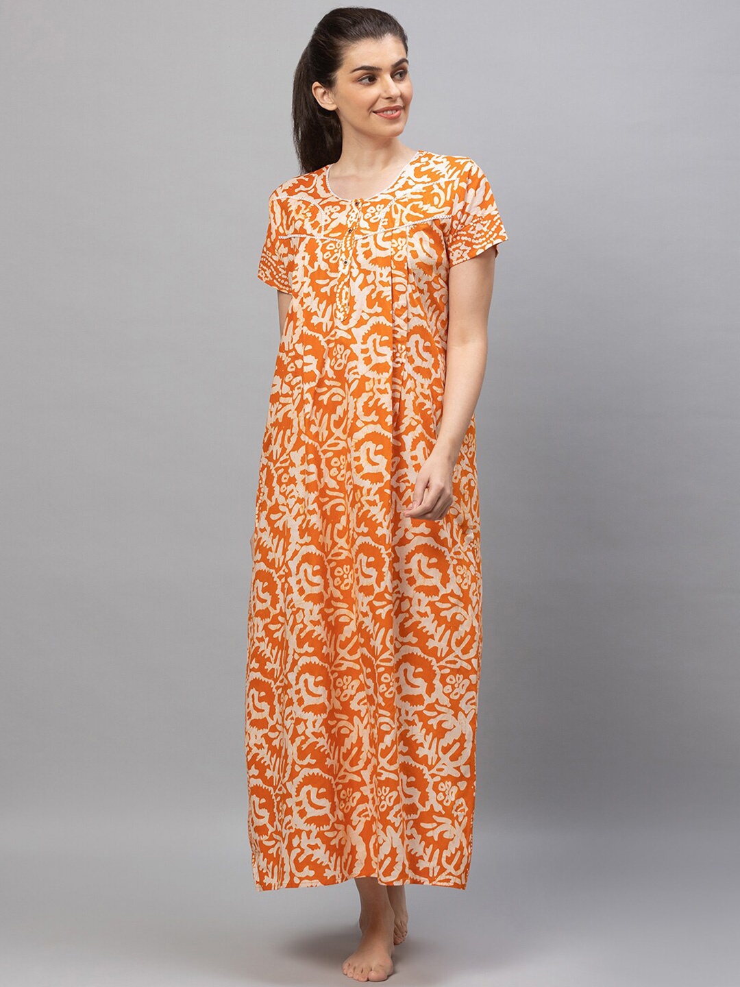 

AV2 Women Orange Printed Cotton Maxi Maternity Nightdress