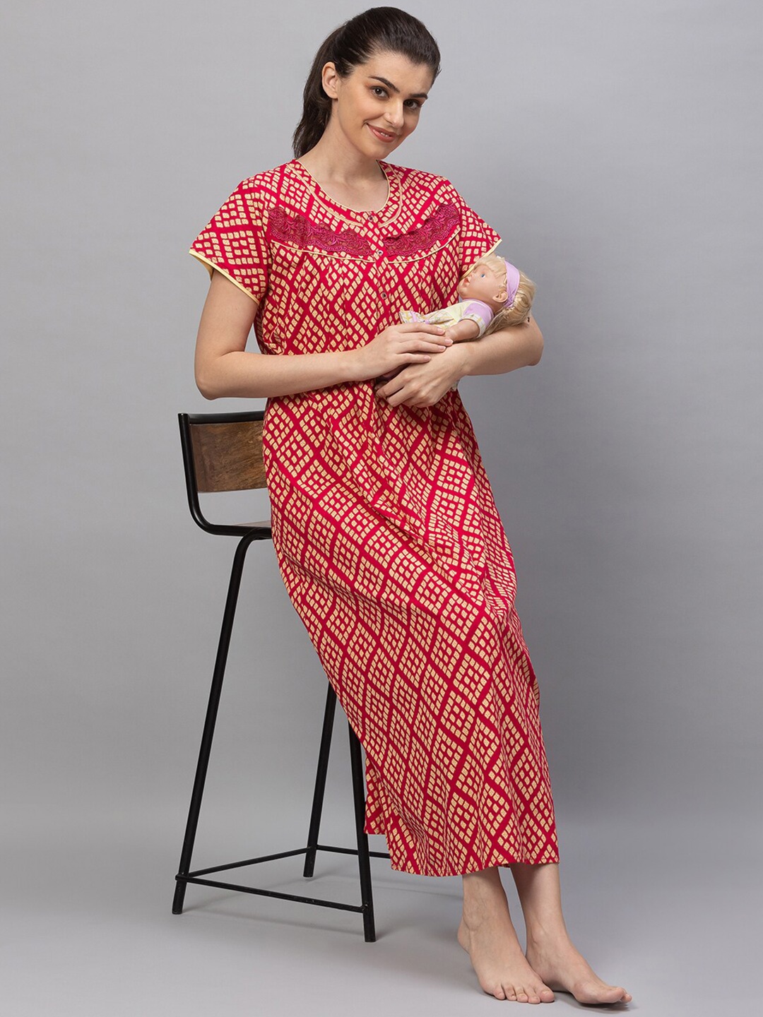 

AV2 Women Red Printed Cotton Maxi Maternity Nightdress