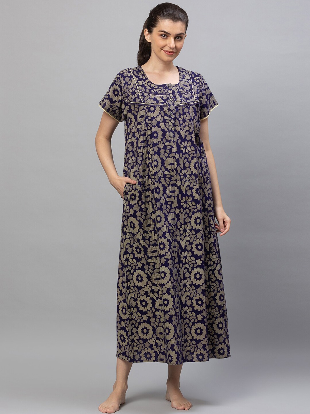 

AV2 Women Navy Blue Printed Cotton Maxi Nightdress