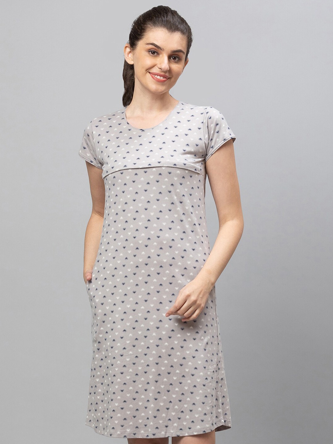 

AV2 Women Grey Printed Cotton Maternity Nightdress