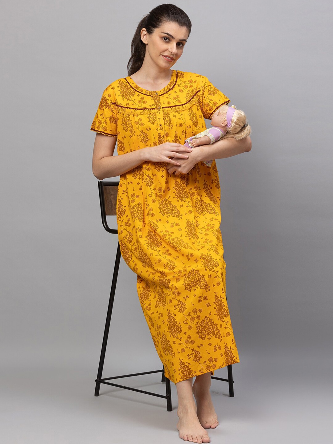 

AV2 Women Yellow Printed Cotton Maxi Maternity Nightdress