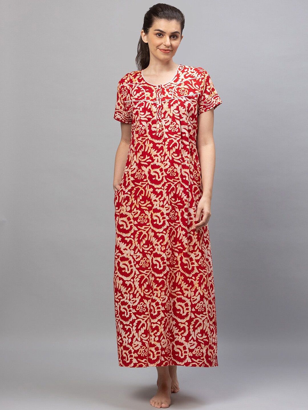 

AV2 Women Red Printed Cotton Maxi Maternity Nightdress