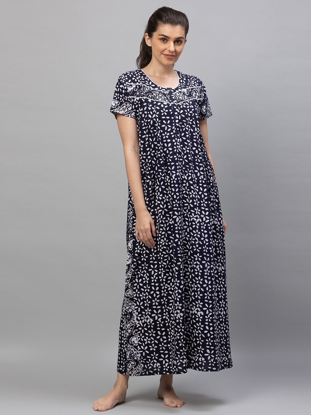 

AV2 Women Navy Blue Printed Cotton Maxi Maternity Nightdress