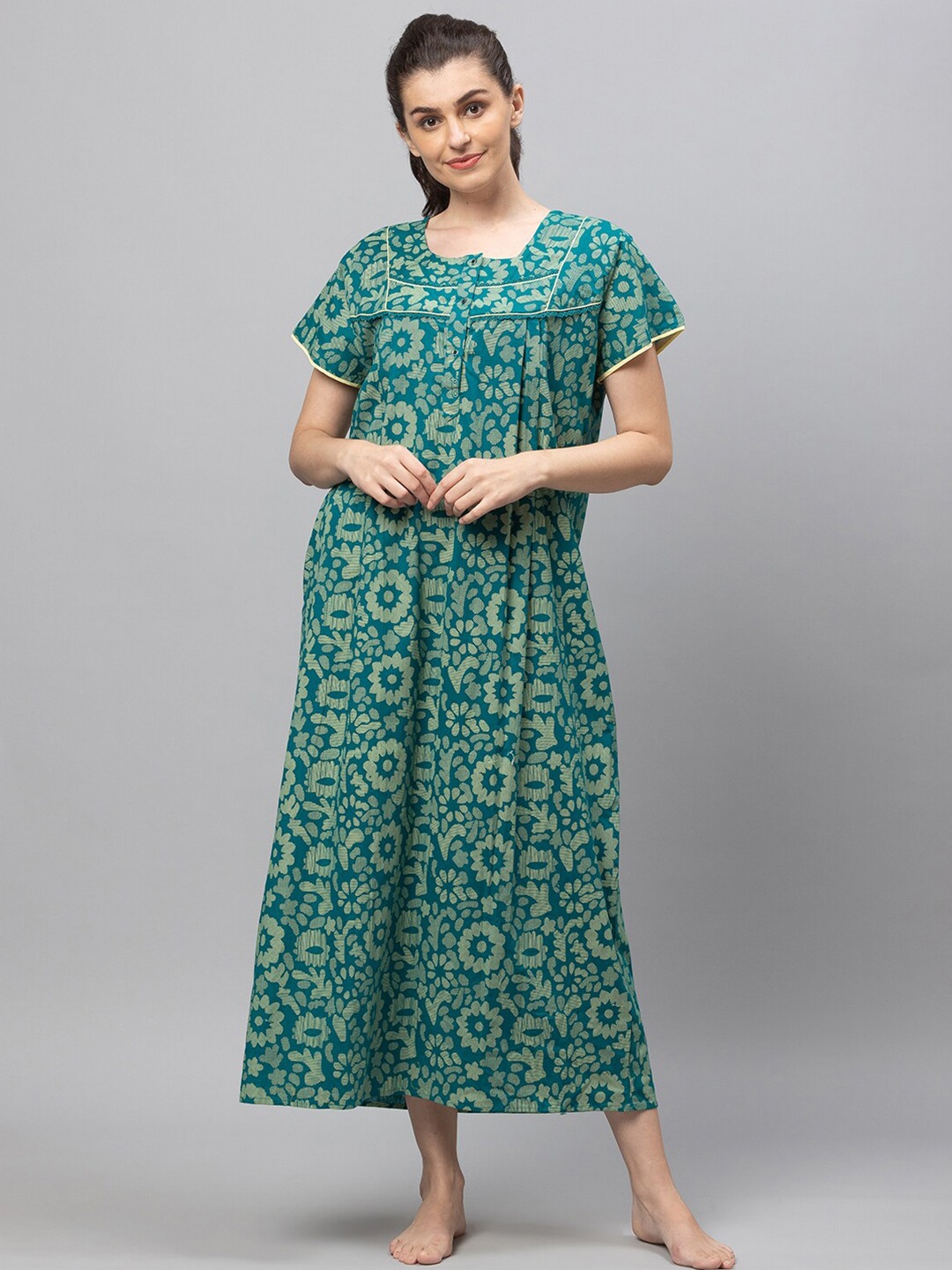 

AV2 Women Green Printed Cotton Maxi Maternity Nightdress