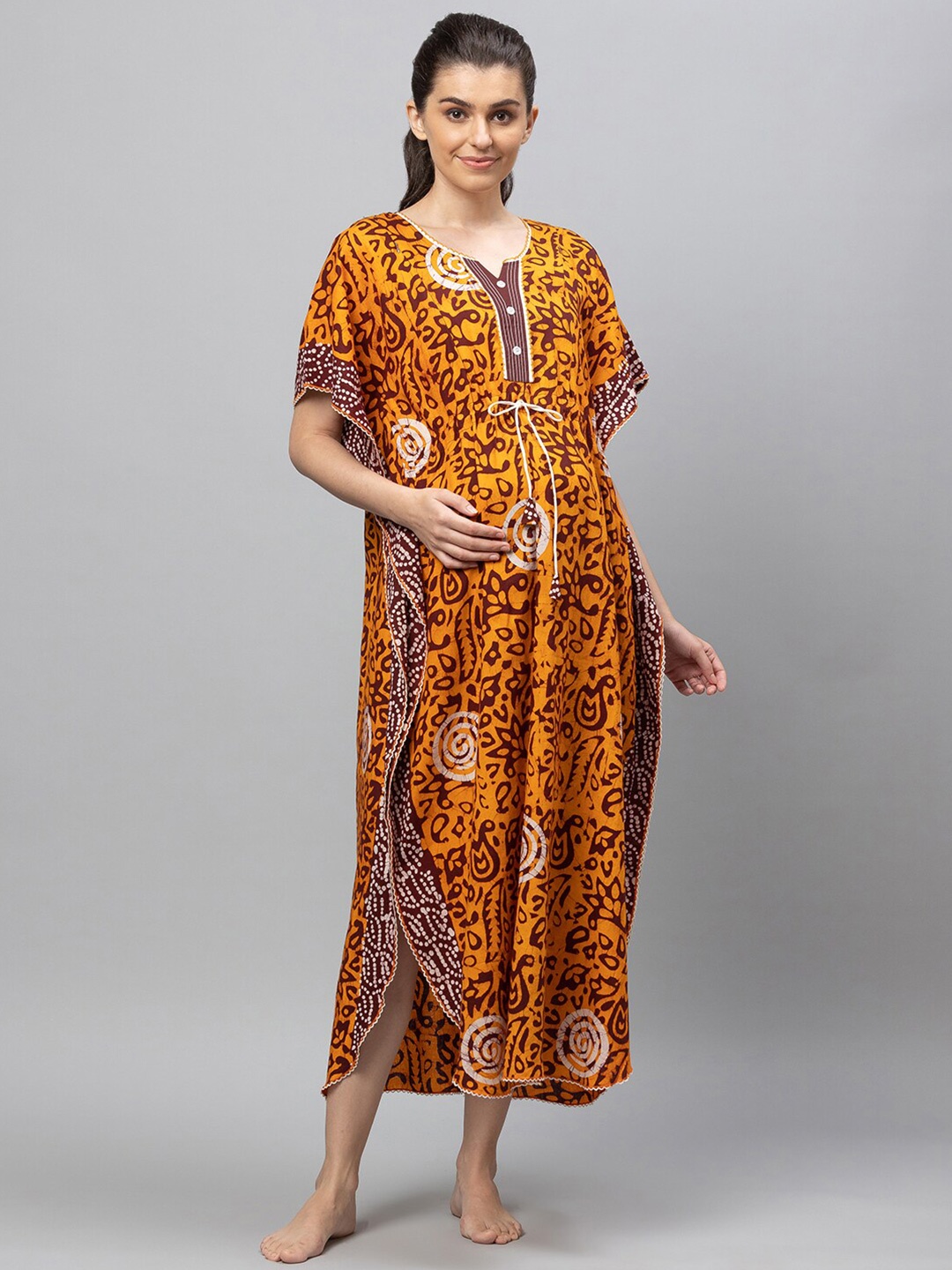 

AV2 Women Mustard Printed Cotton Maxi Maternity Nightdress