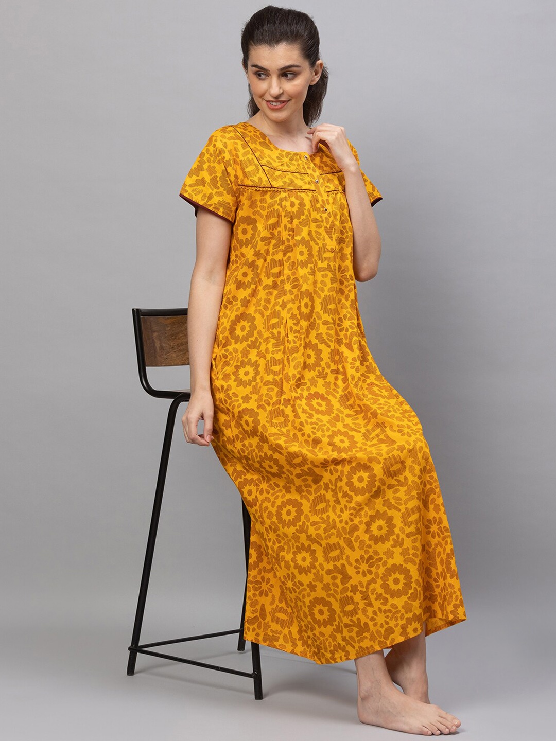 

AV2 Women Yellow Printed Cotton Maxi Nightdress