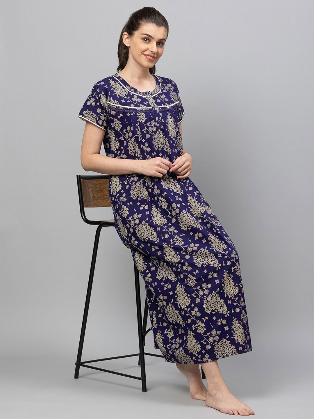 

AV2 Women Navy Blue Printed Cotton Maxi Nightdress