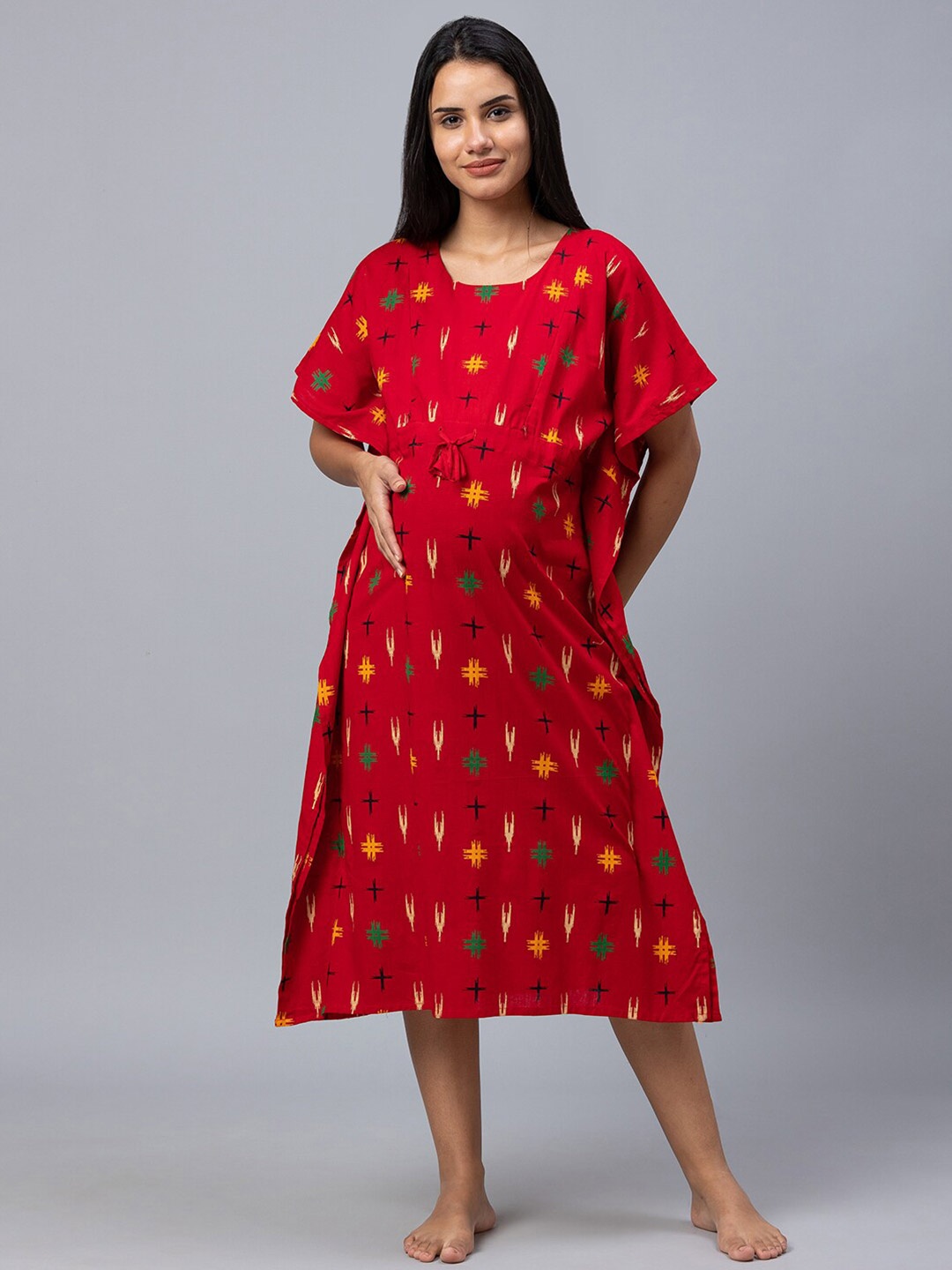 

AV2 Women Red Printed Cotton Maternity Nightdress