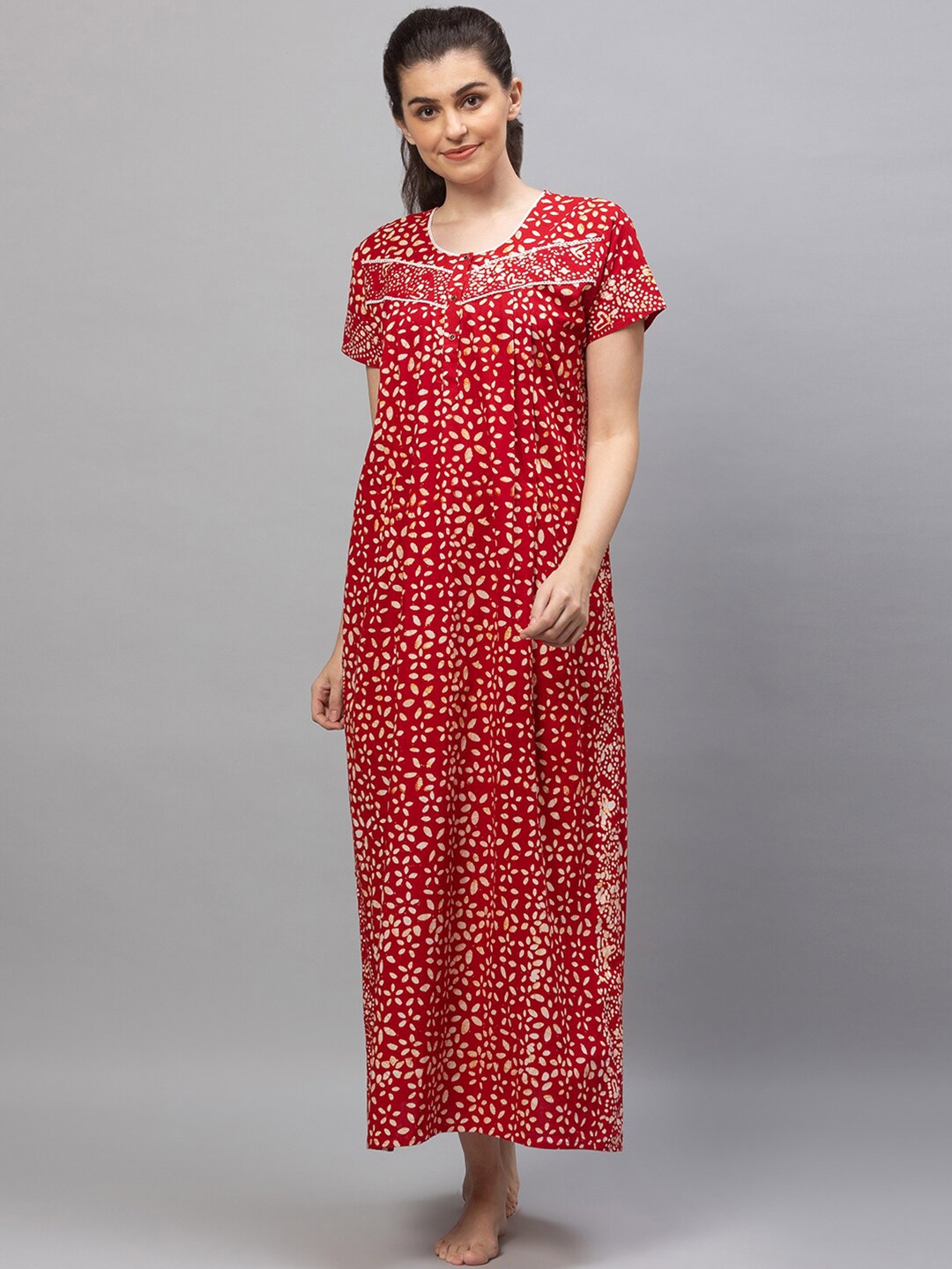 

AV2 Women Red Printed Cotton Maxi Maternity Nightdress