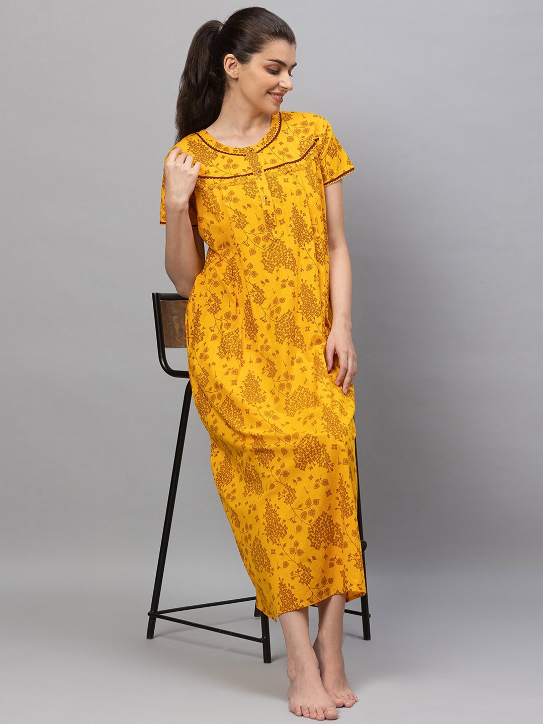 

AV2 Women Yellow Printed Cotton Maxi Nightdress