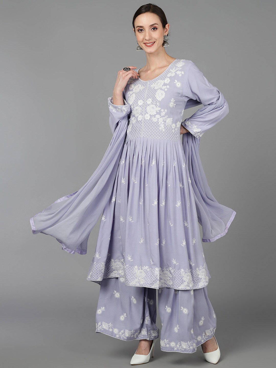 

AHIKA Women Lavender Floral Embroidered Pleated Thread Work Kurta with Sharara & With Dupatta