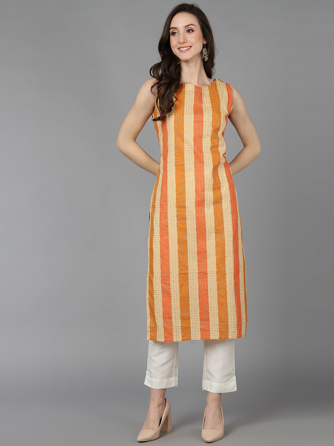 

AHIKA Striped Boat Neck Straight Cotton Kurta, Cream