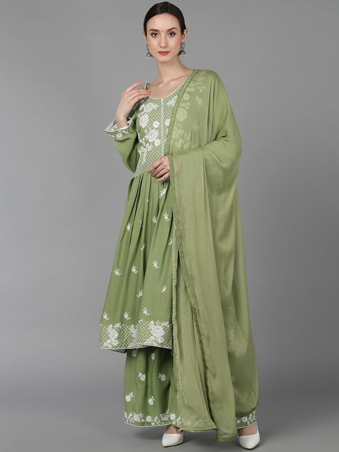 

AHIKA Women Olive Green Floral Embroidered Empire Thread Work Kurta with Sharara & Dupatta