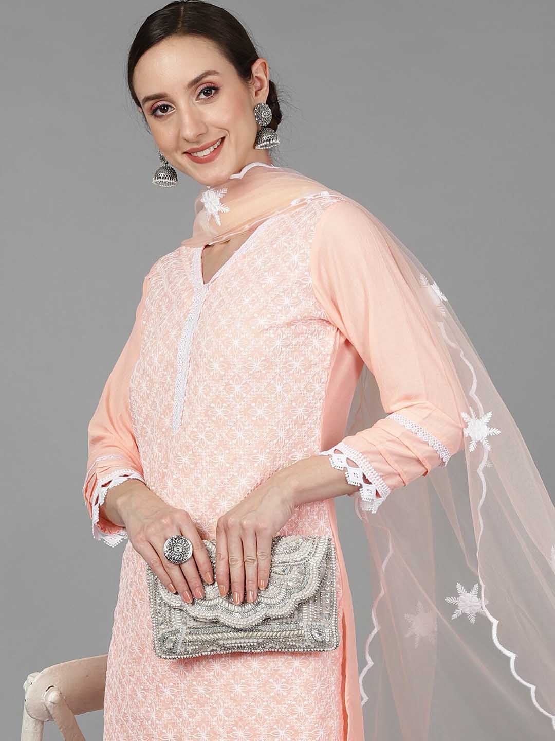 

AHIKA Women Peach-Coloured Ethnic Motifs Embroidered Kurta with Sharara & Dupatta