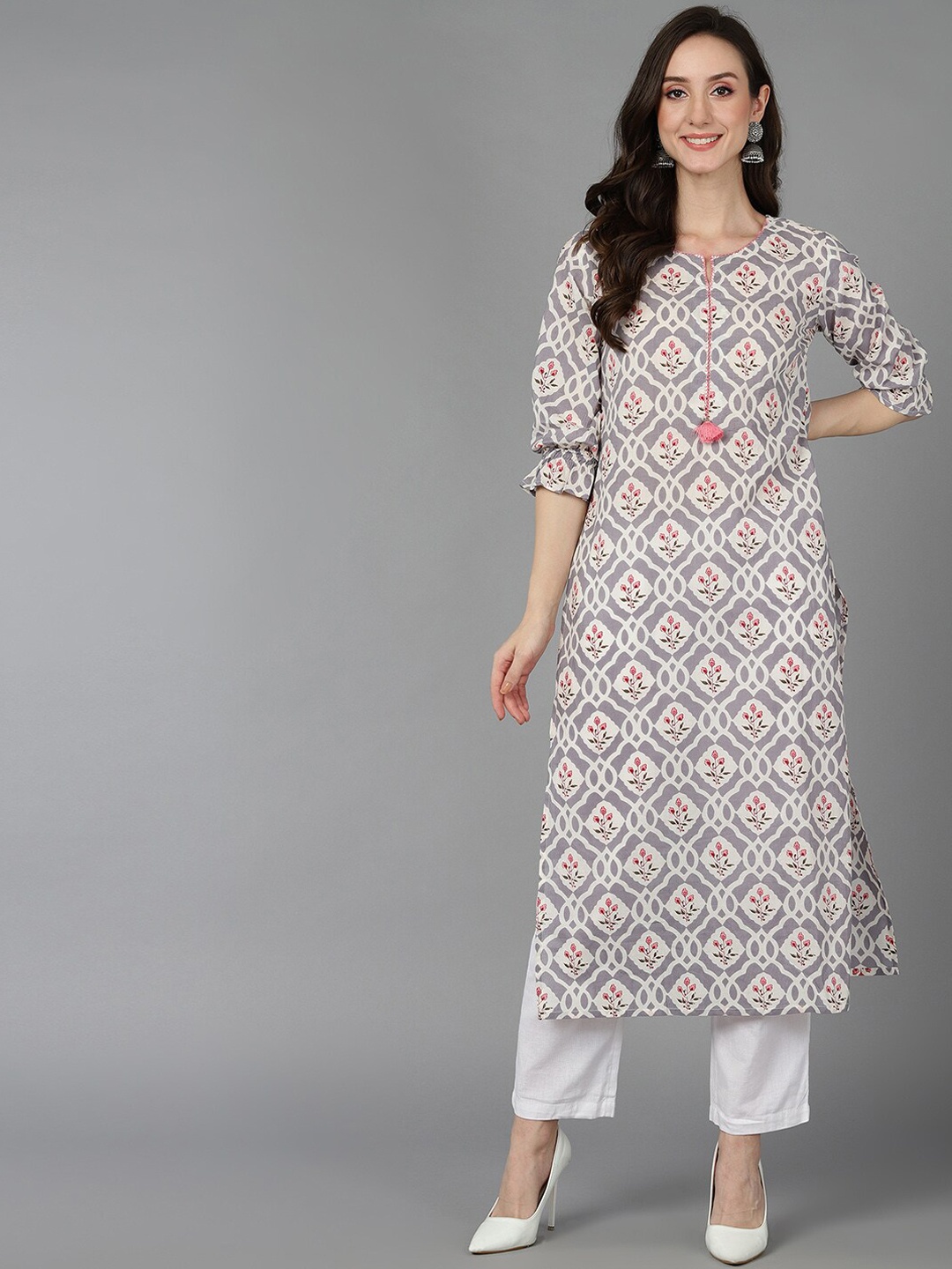 

AHIKA Floral Printed Straight Regular Cotton Kurta, Grey