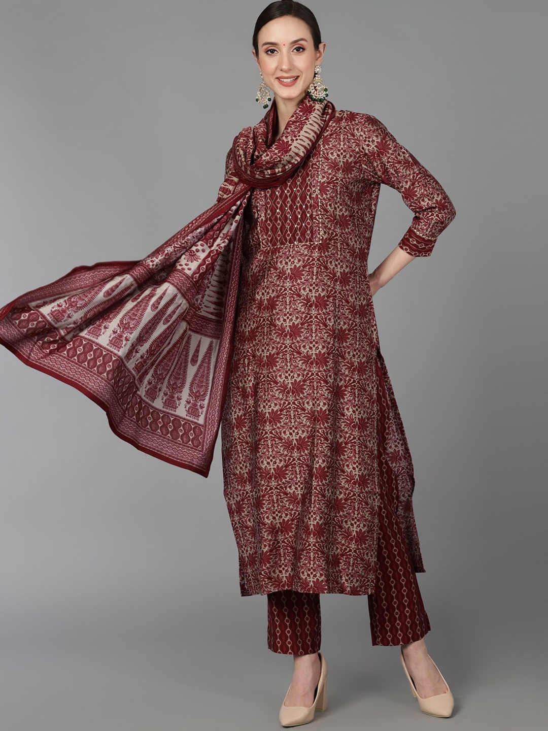 

AHIKA Women Maroon Ethnic Motifs Printed Kurta with Trousers & Dupatta