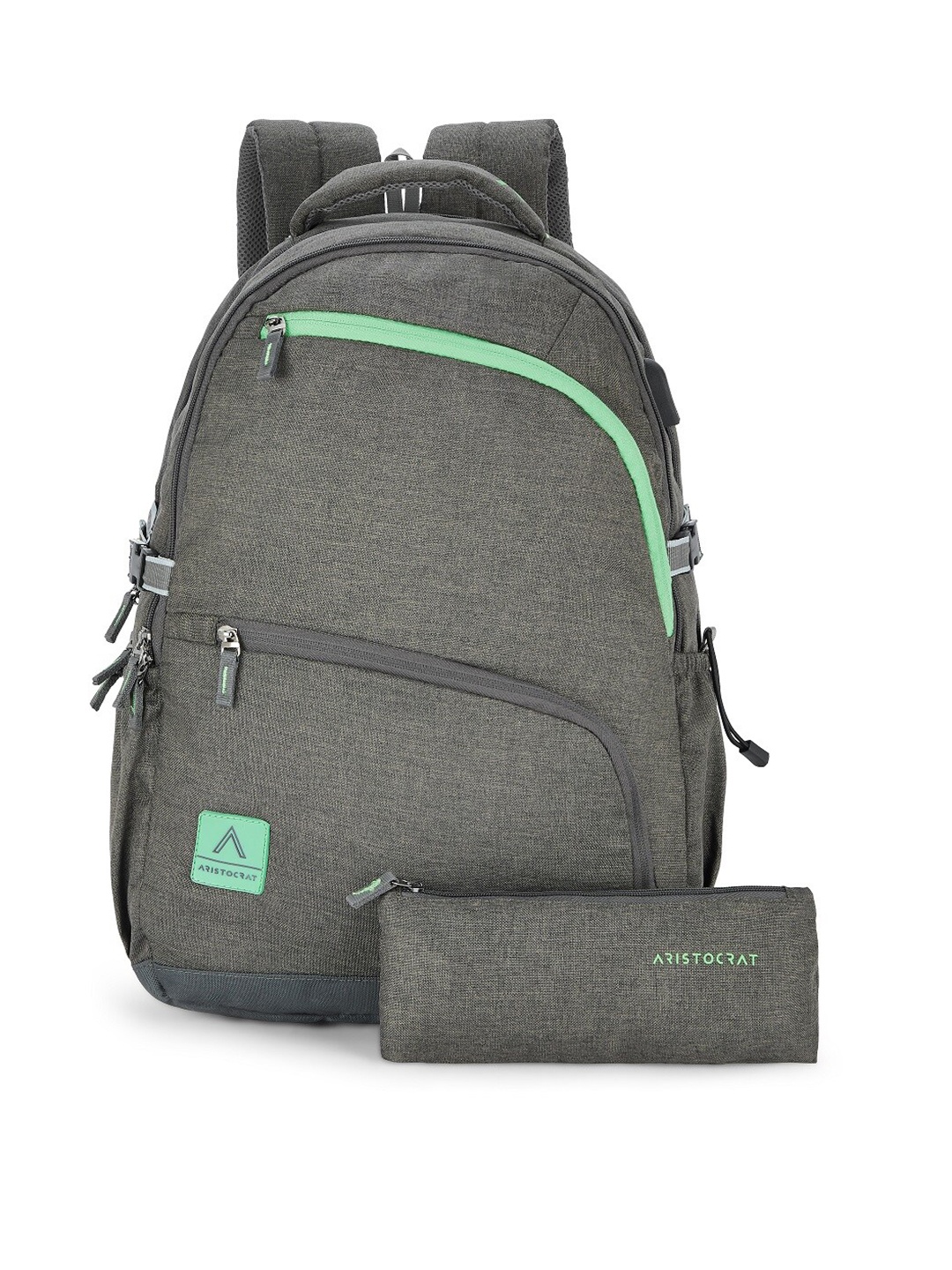 

Aristocrat Unisex Grey & Green Backpack With Zip Pouch