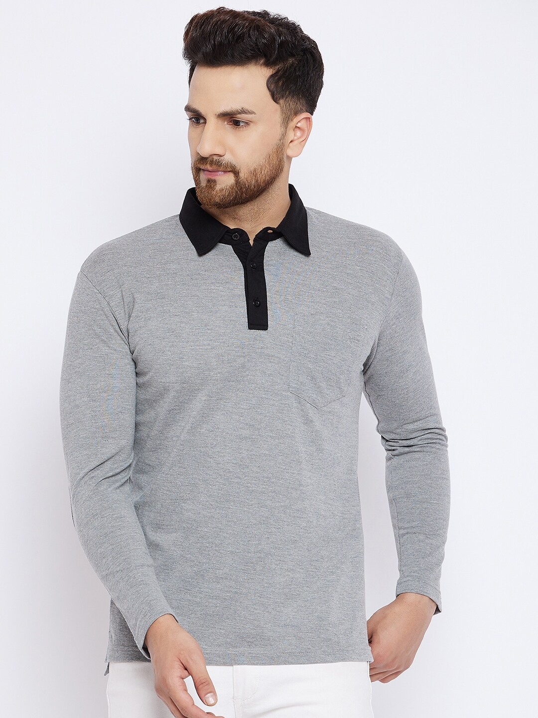 

Hypernation Men Grey Polo Collar Cotton T-shirt