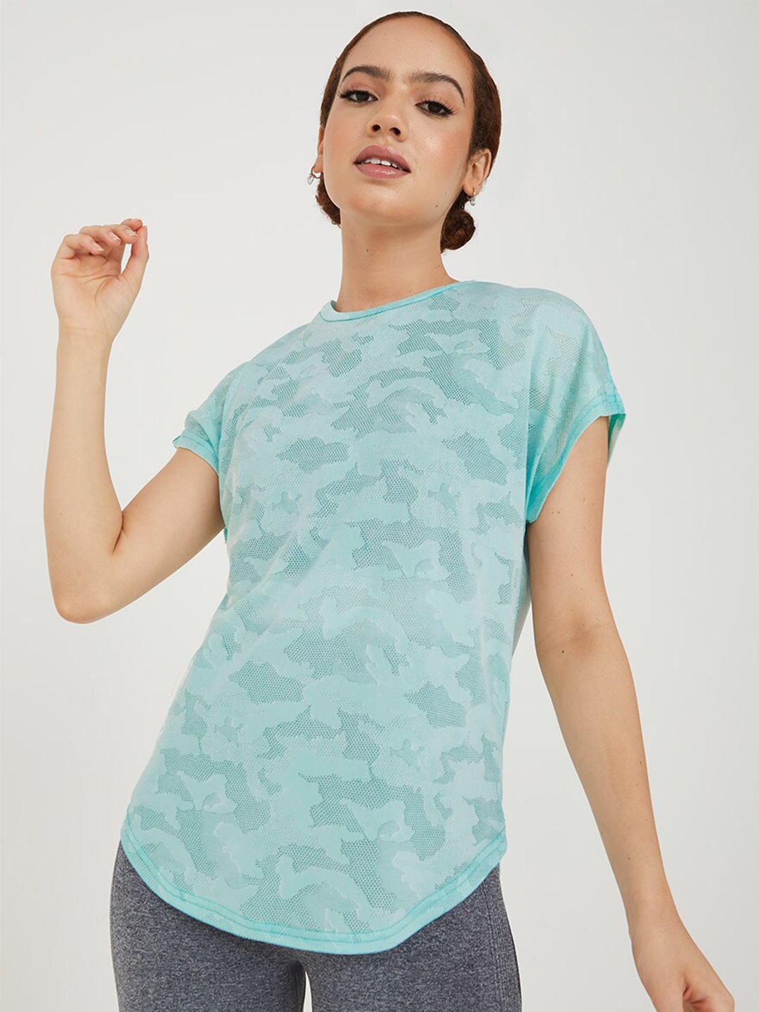 

Styli Women Sea Green Self Design Extended Sleeves T-shirt
