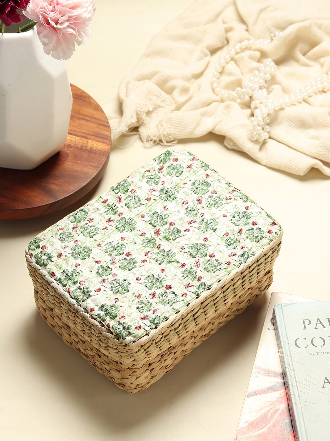 

HABERE INDIA Brown & White Printed Bamboo Storage Basket with lid, Beige