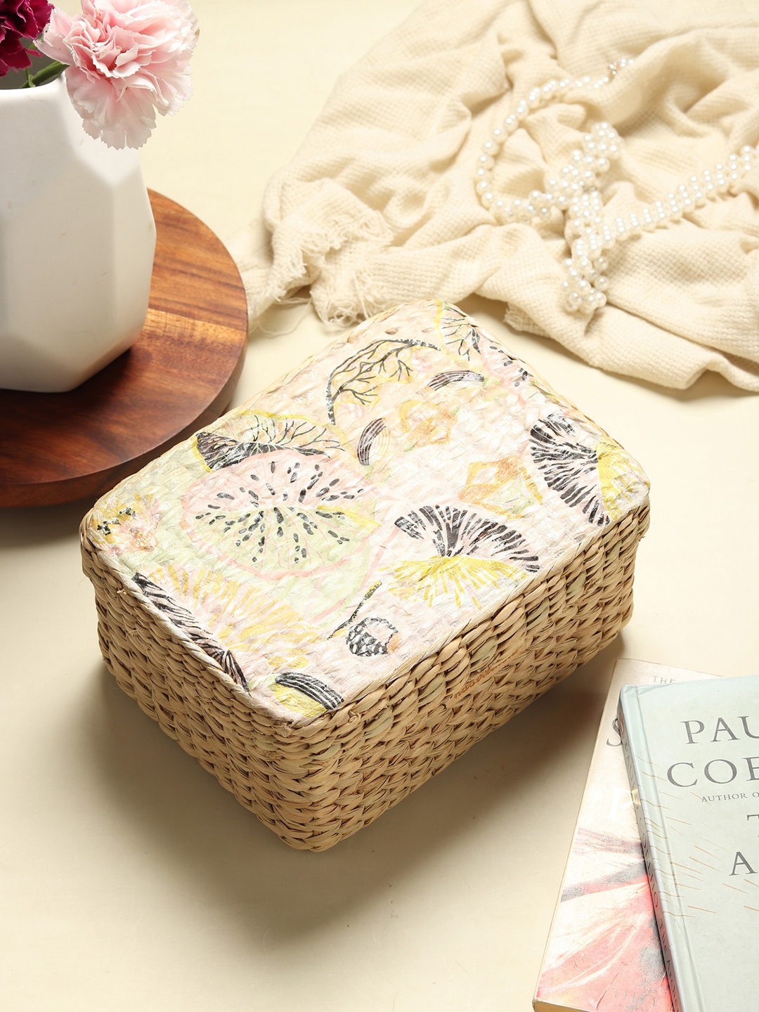

HABERE INDIA Cream Bamboo Storage Basket With Lid