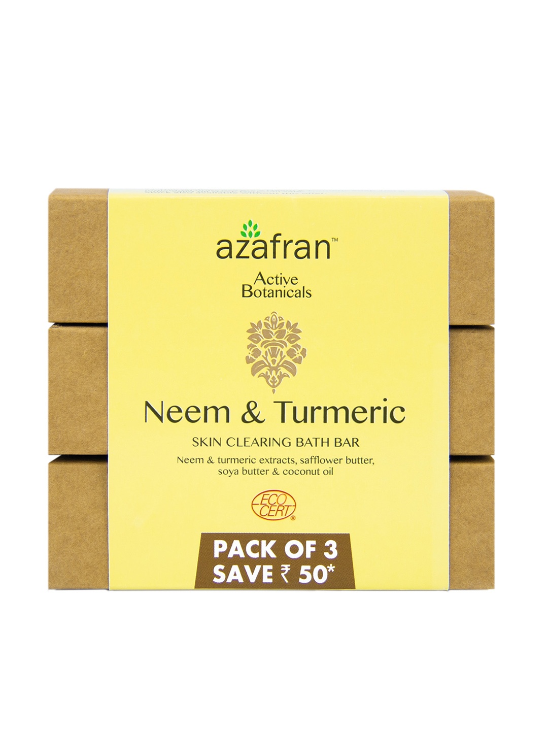 

Azafran Set of 3 Neem & Turmeric Skin Clearing Soaps with Coconut Oil - 100 g Each, Yellow