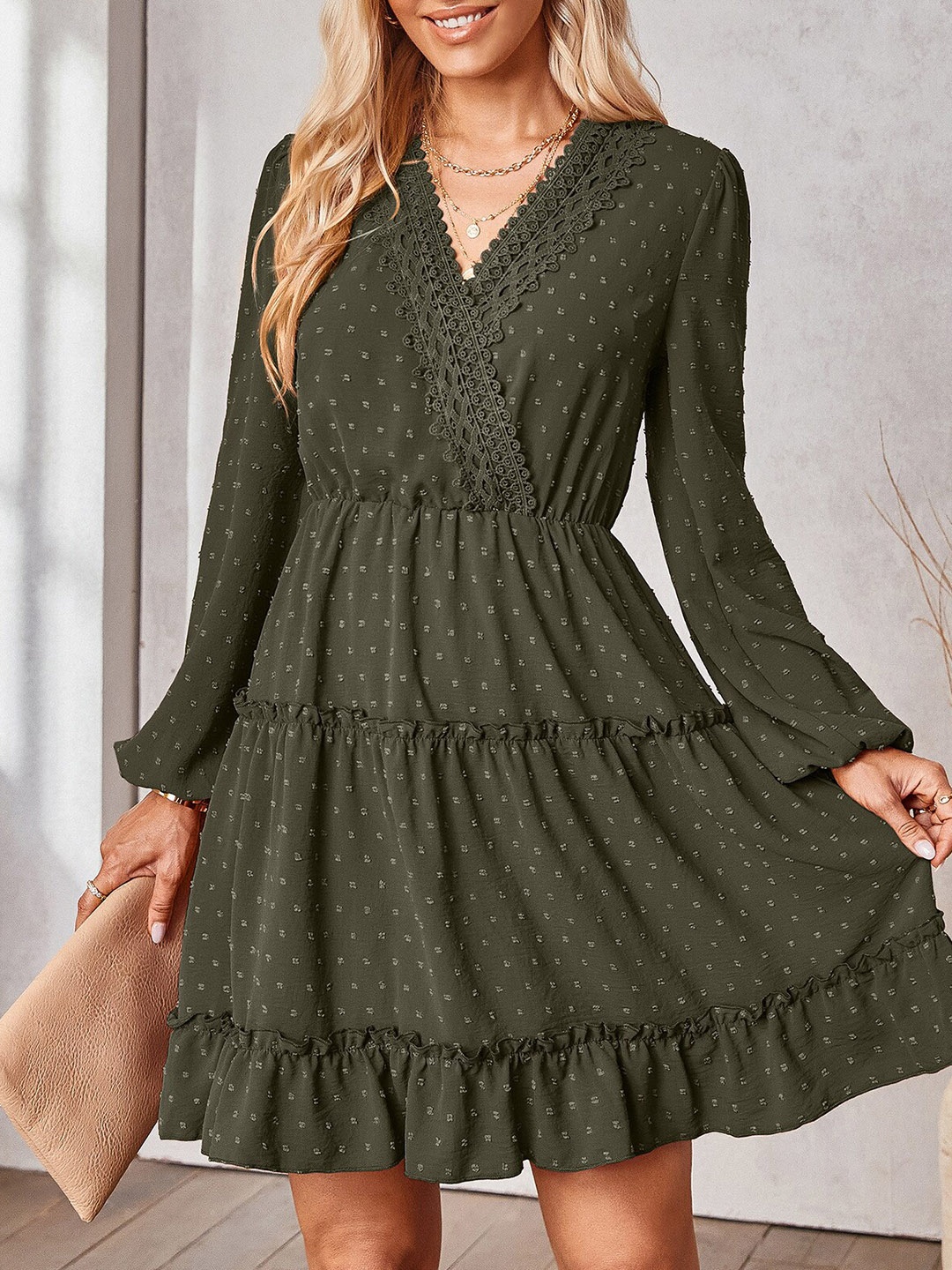 

StyleCast Olive Green Puff Sleeved Fit and Flare Dress