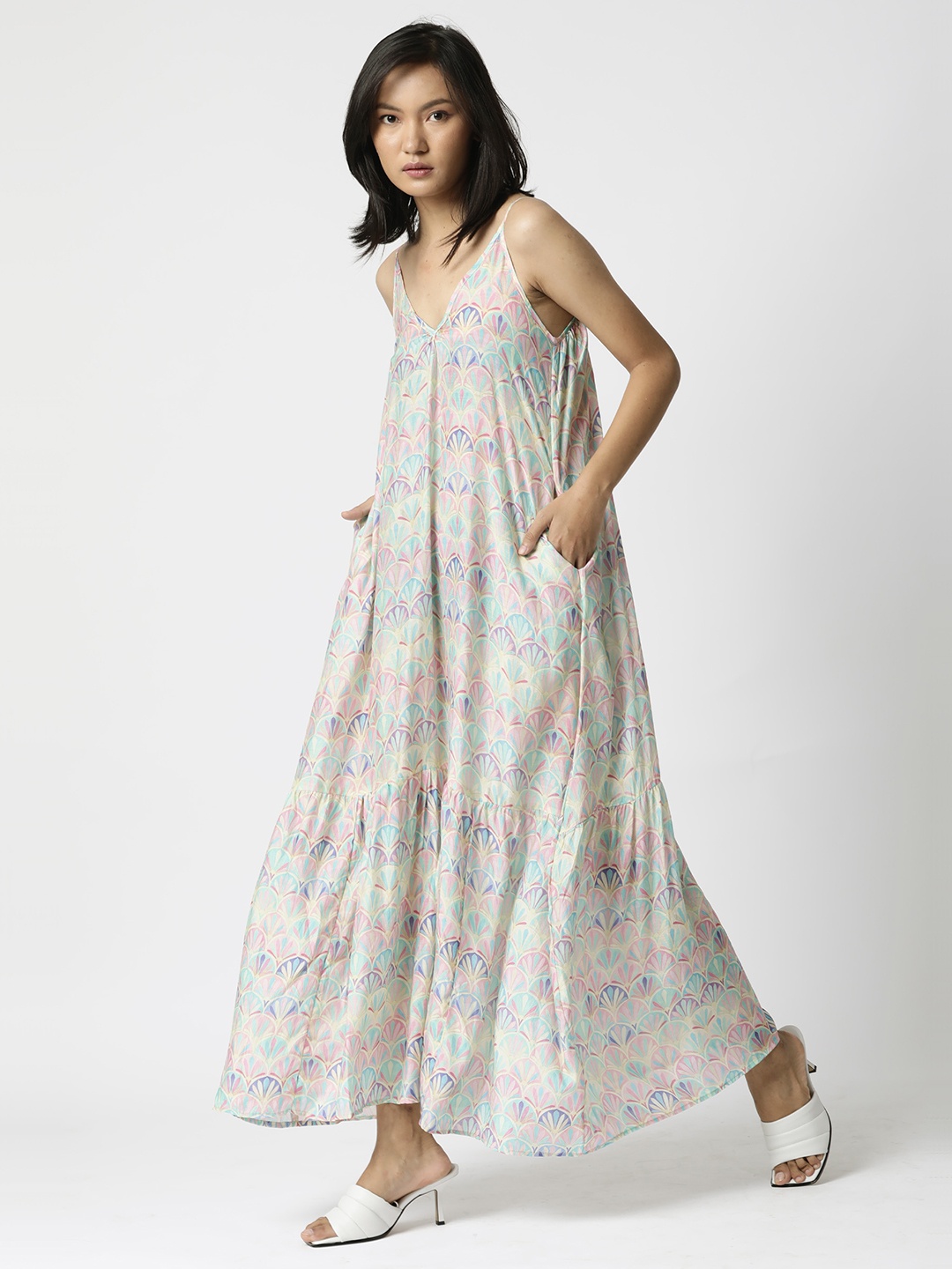 

RAREISM Pink & Blue Conversational Printed A-Line Midi Cotton Dress
