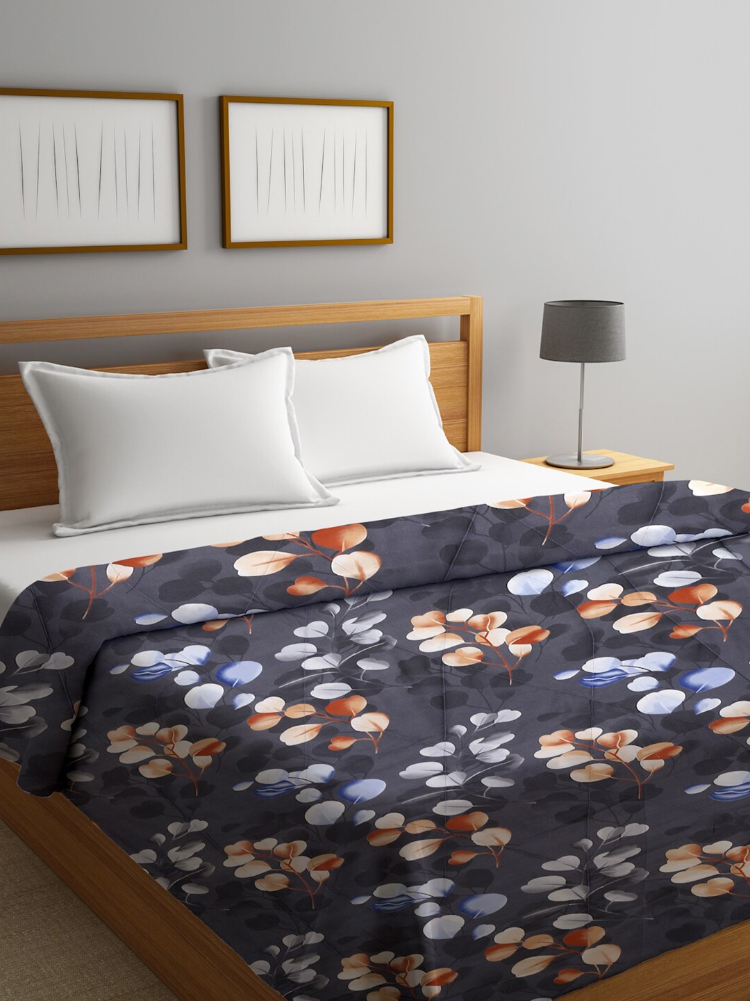 

HOSTA HOMES Grey & Orange Floral Mild Winter 210 GSM Double Bed Comforter