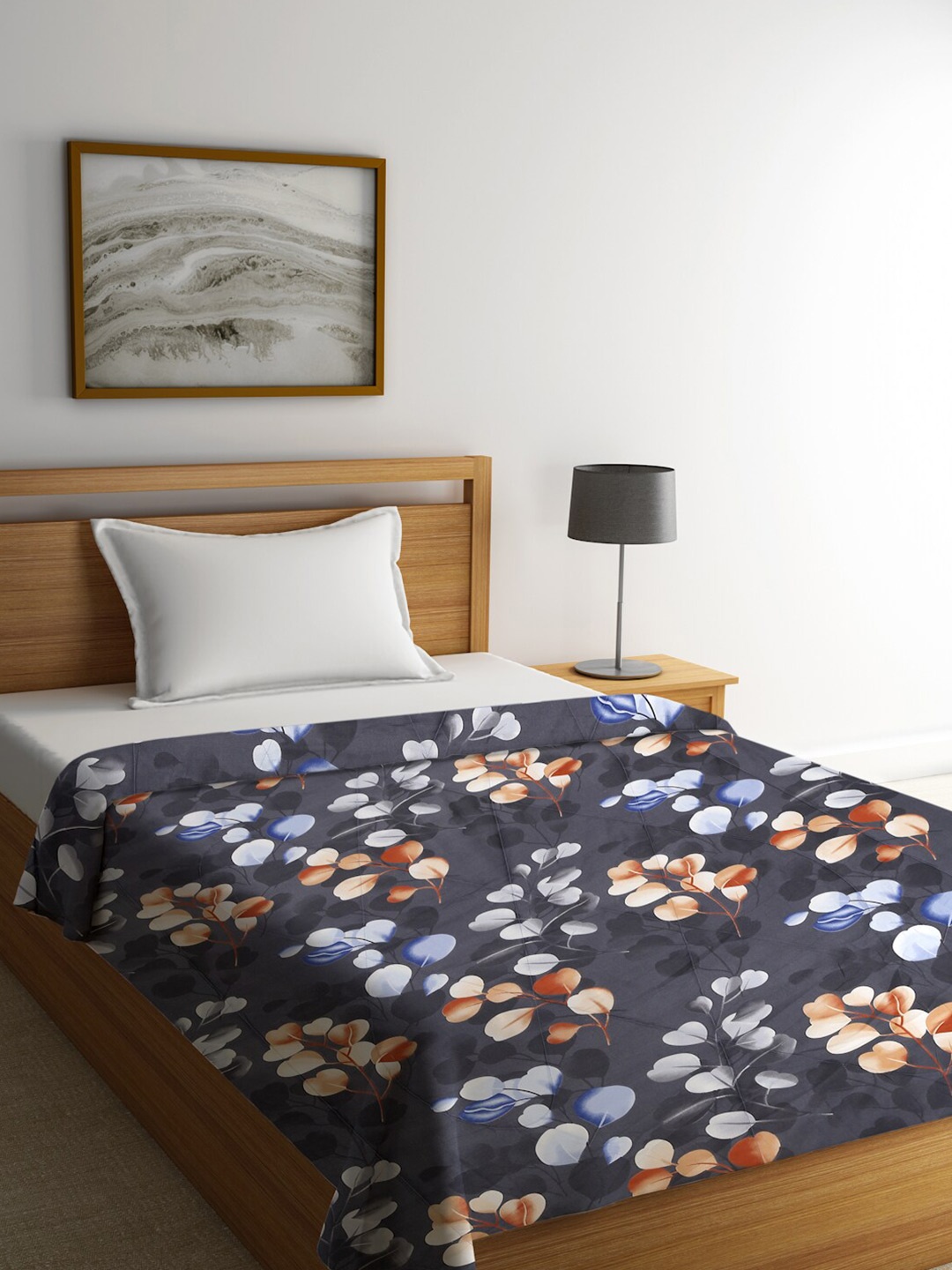 

HOSTA HOMES Grey & Orange Floral Mild Winter 210 GSM Single Bed Comforter