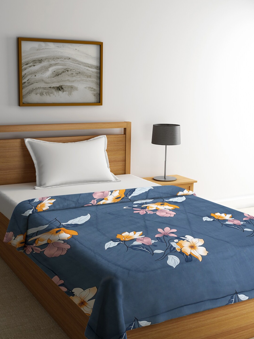 

HOSTA HOMES Blue & Orange Floral Mild Winter 210 GSM Single Bed Comforter