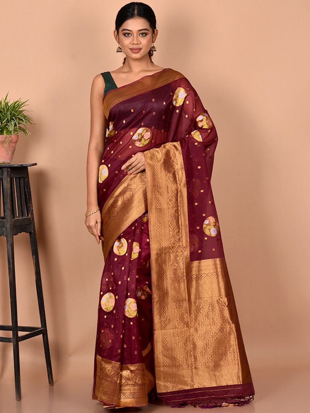 

AllSilks Maroon & Gold-Toned Woven Design Zari Silk Blend Saree