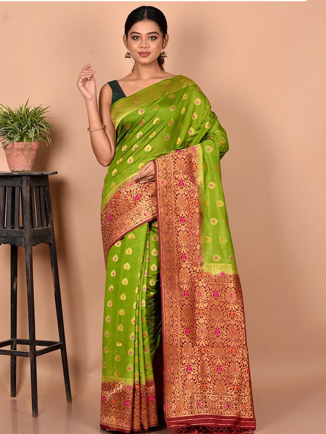 

AllSilks Green & Red Woven Design Zari Silk Blend Saree
