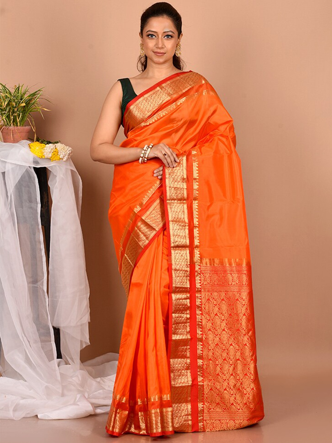 

AllSilks Orange & Red Zari Pure Silk Kanjeevaram Saree