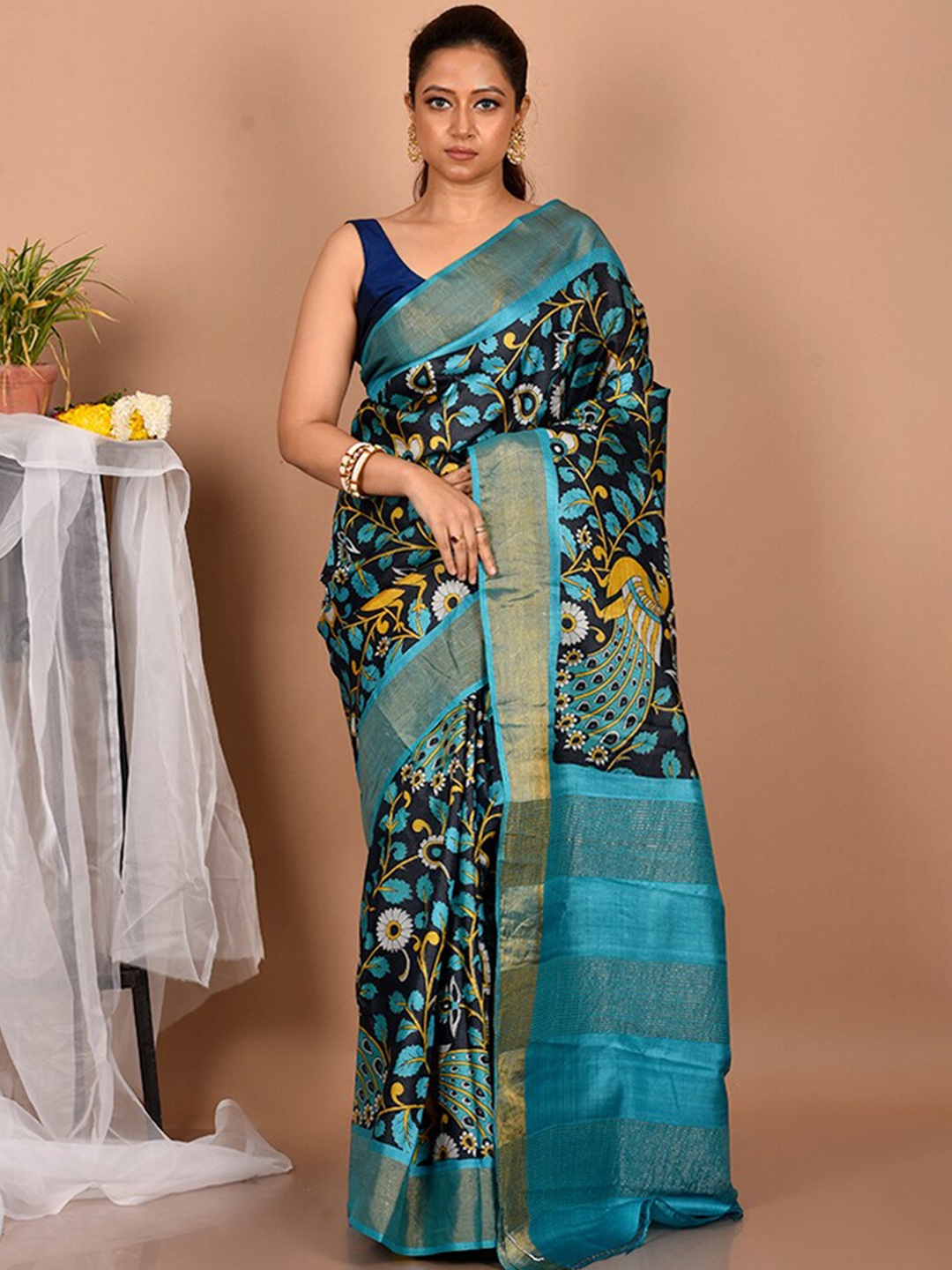 

AllSilks Black & Blue Kalamkari Zari Tussar Saree