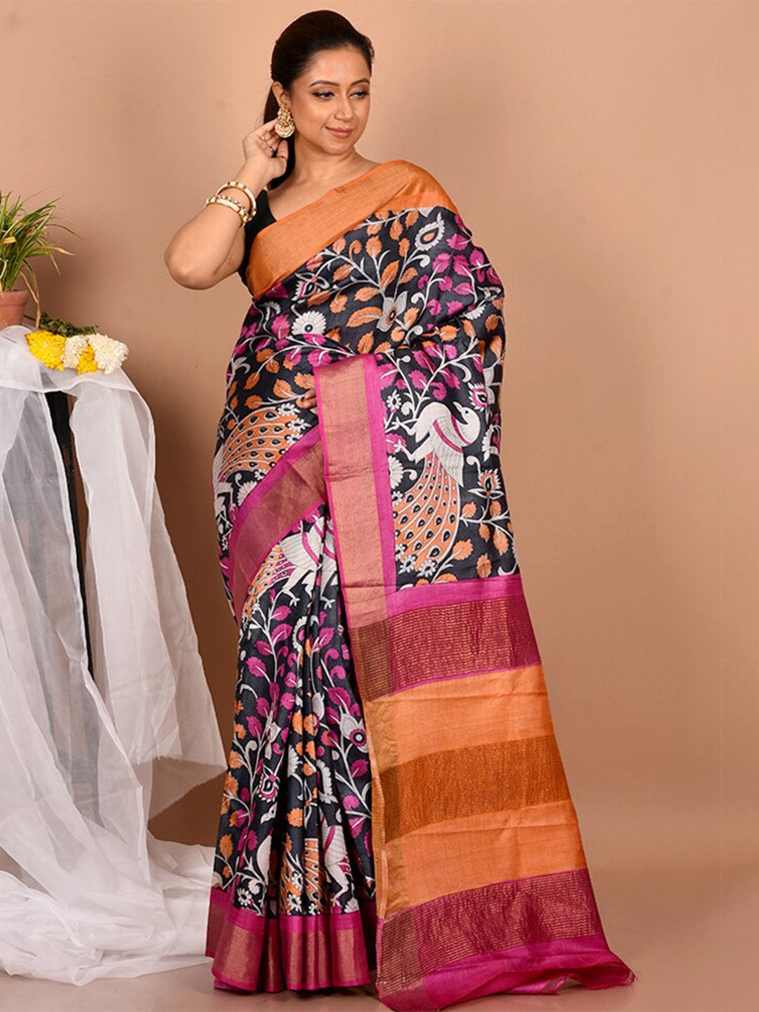

AllSilks Black & Pink Kalamkari Zari Tussar Saree