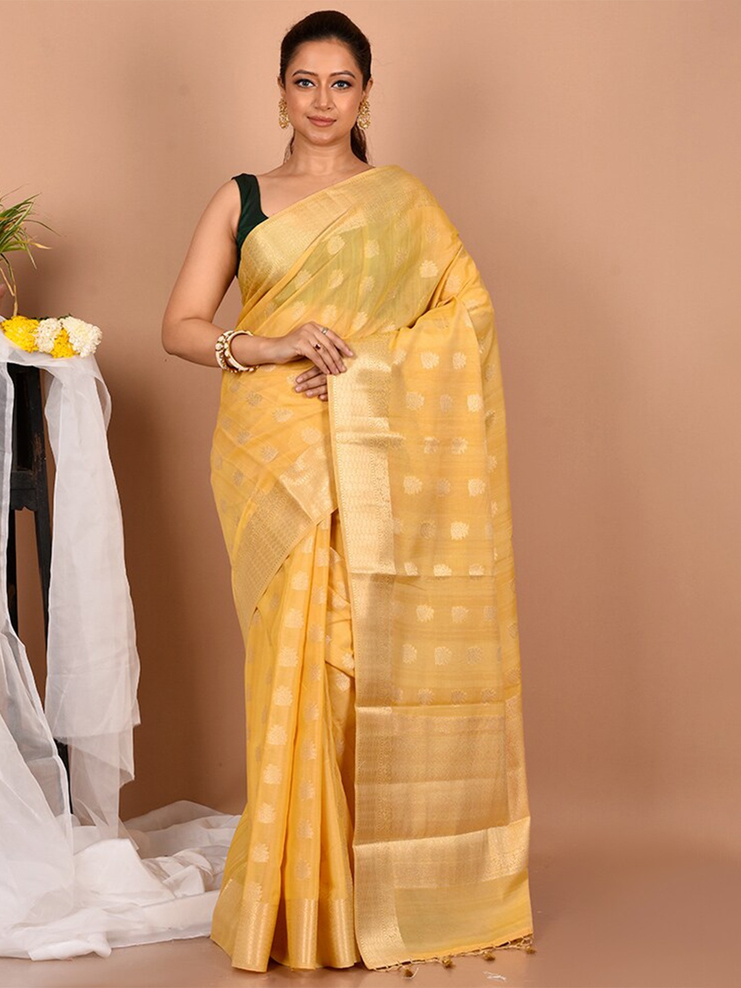 

AllSilks Yellow & Gold-Toned Ethnic Motifs Zari Silk Blend Saree