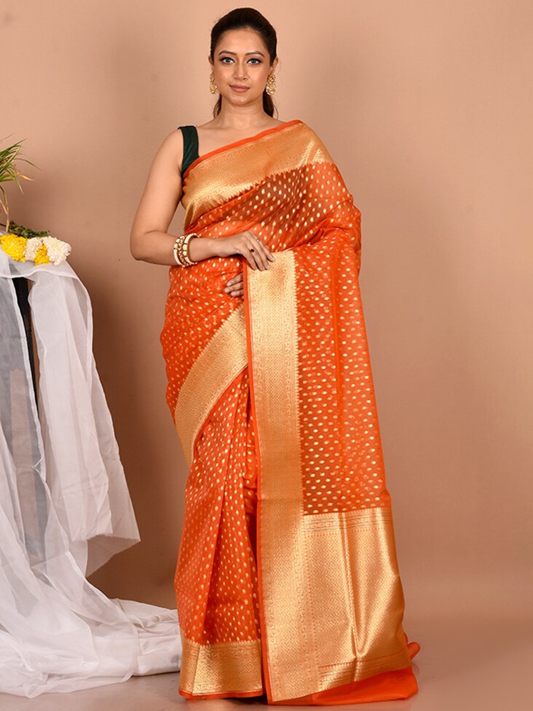 

AllSilks Rust & Gold-Toned Ethnic Motifs Zari Silk Blend Saree