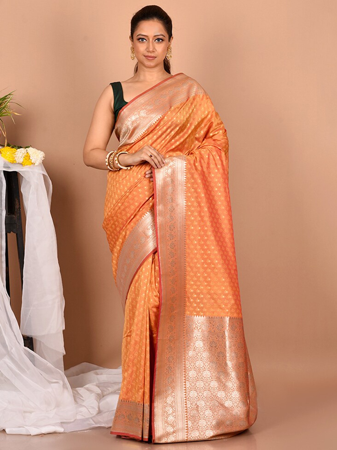 

AllSilks Rust & Gold-Toned Ethnic Motifs Zari Silk Blend Banarasi Saree