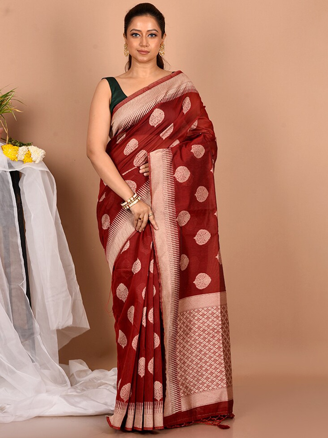 

AllSilks Maroon Ethnic Motifs Zari Silk Blend Saree